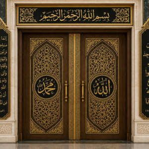 Pintu Masjid Kaligrafi Ukir Kayu Jati Mewah – Desain Islami Premium