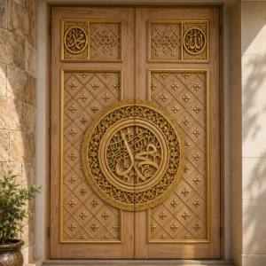 pembuatan pintu ukir kaligrafi kayu jati premium natural gold luxury