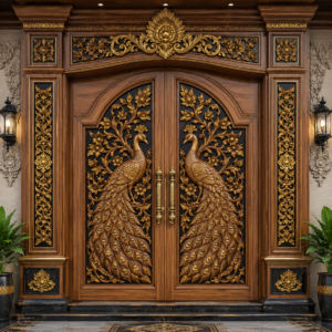 pintu utama ukiran burung merak motif majapahit mewah kayu jati premium