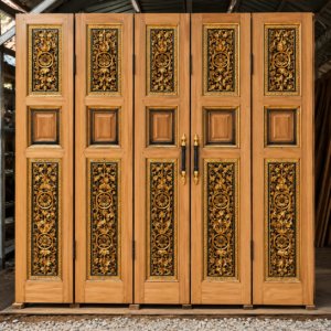 pintu lipat ukiran mewah kayu jati natural kombinasi hitam & emas
