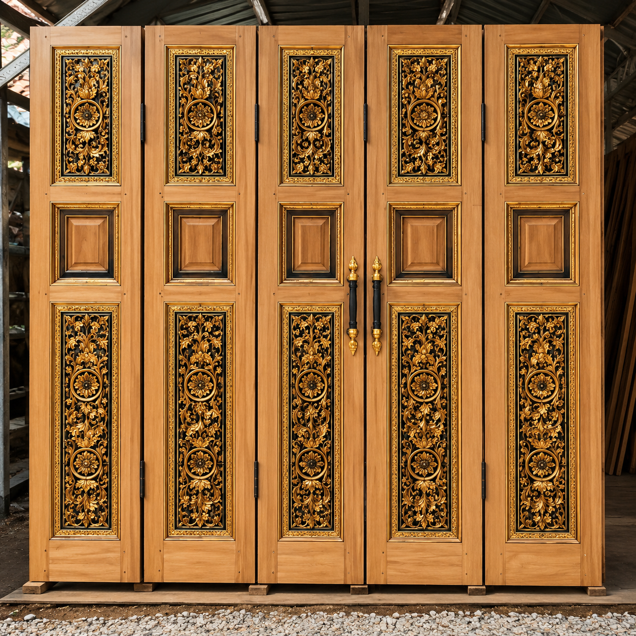 pintu lipat ukiran mewah kayu jati natural kombinasi hitam & emas pintu lipat ukiran mewah kayu jati natural kombinasi hitam & emas