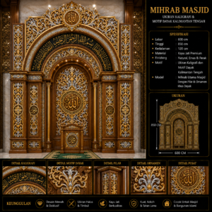 mihrab masjid ukiran kaligrafi & motif dayak kalimantan tengah desain mewah kayu jati premium kombinasi natural, emas & perak