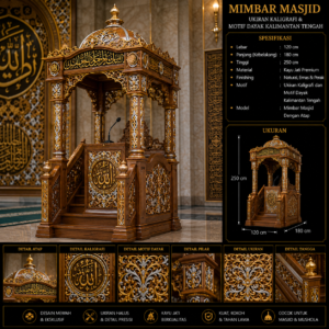 mimbar masjid ukiran kaligrafi & motif dayak kalimantan tengah desain mewah kayu jati premium kombinasi natural, emas & perak