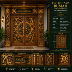 pintu utama rumah ukiran motif dayak kalimantan timur desain mewah kayu jati premium kombinasi natural, hijau & emas