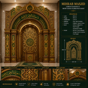 mihrab masjid ukiran kaligrafi & motif dayak kalimantan barat desain mewah kayu jati premium kombinasi natural, hijau & emas