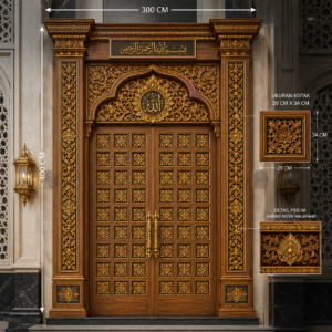 pintu utama masjid ukiran motif majapahit mewah kayu jati premium 300 x 400 cm