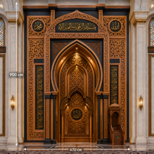mihrab masjid ukiran dayak banjar & kaligrafi kayu jati mewah ukuran 670 x 900 cm