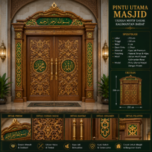 pintu utama masjid ukiran motif dayak kalimantan barat desain elegan kayu jati premium kombinasi natural, hijau & emas