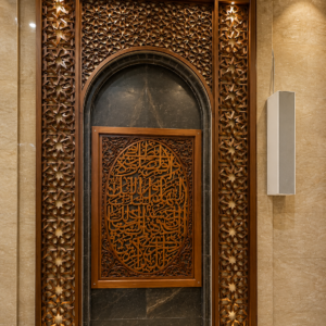 mihrab masjid ukiran kaligrafi kayu jati mewah – desain islami elegan & modern