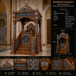 mimbar masjid ukiran kaligrafi & motif dayak kalimantan tengah desain mewah kayu jati premium kombinasi natural, hitam & perak