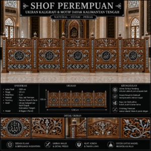 shof perempuan ukiran kaligrafi & motif dayak kalimantan tengah desain tembus pandang kayu jati premium kombinasi natural, hitam & perak