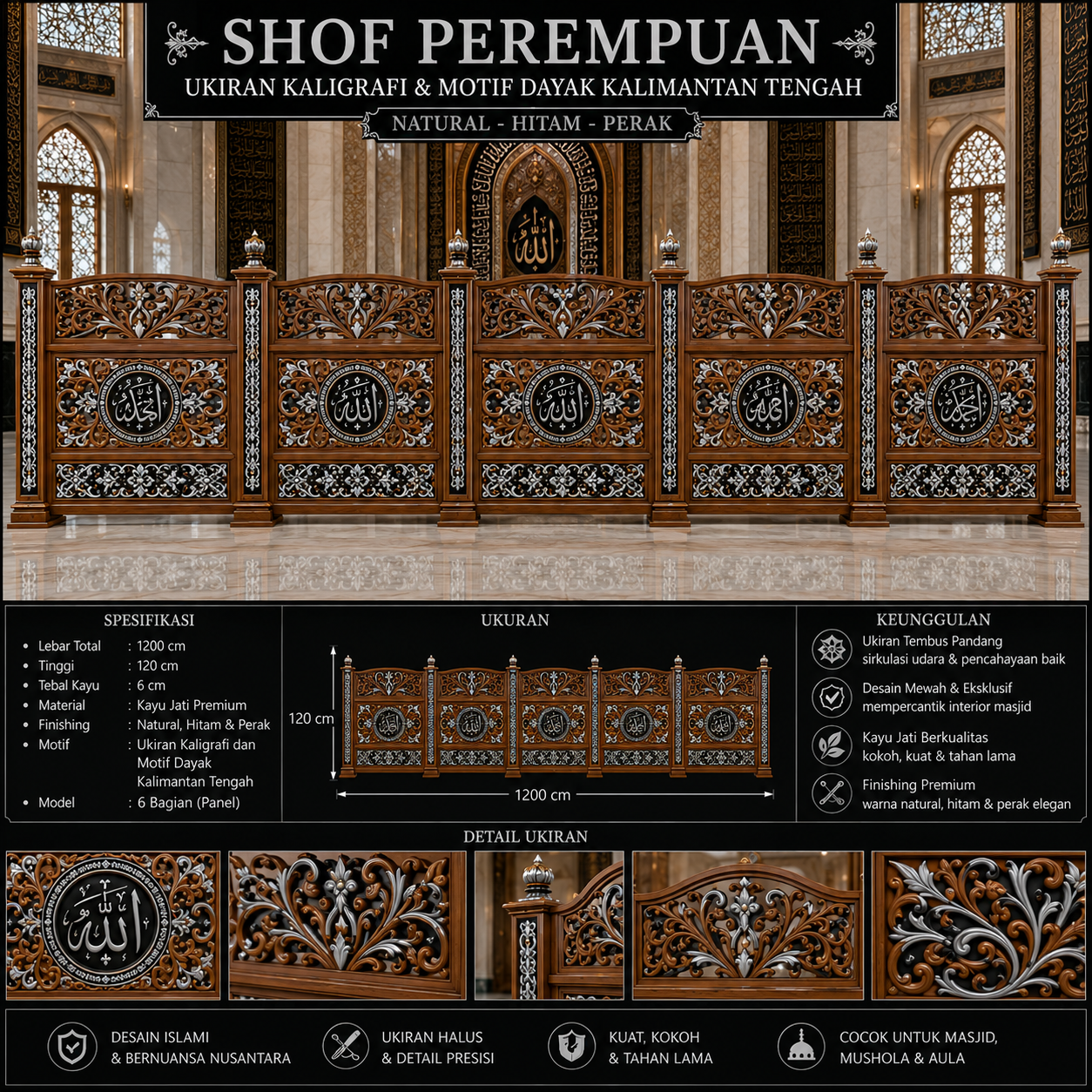 shof perempuan ukiran kaligrafi & motif dayak kalimantan tengah desain tembus pandang kayu jati premium kombinasi natural, hitam & perak shof perempuan ukiran kaligrafi & motif dayak kalimantan tengah desain tembus pandang kayu jati premium kombinasi natural, hitam & perak