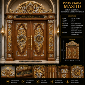 pintu utama masjid ukiran kaligrafi & motif dayak kalimantan tengah desain mewah kayu jati premium kombinasi natural, emas & perak