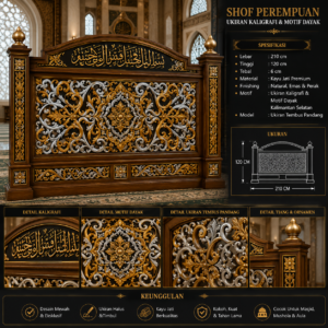 shof perempuan ukiran kaligrafi & motif dayak kalimantan selatan desain tembus pandang mewah kayu jati premium deskripsi