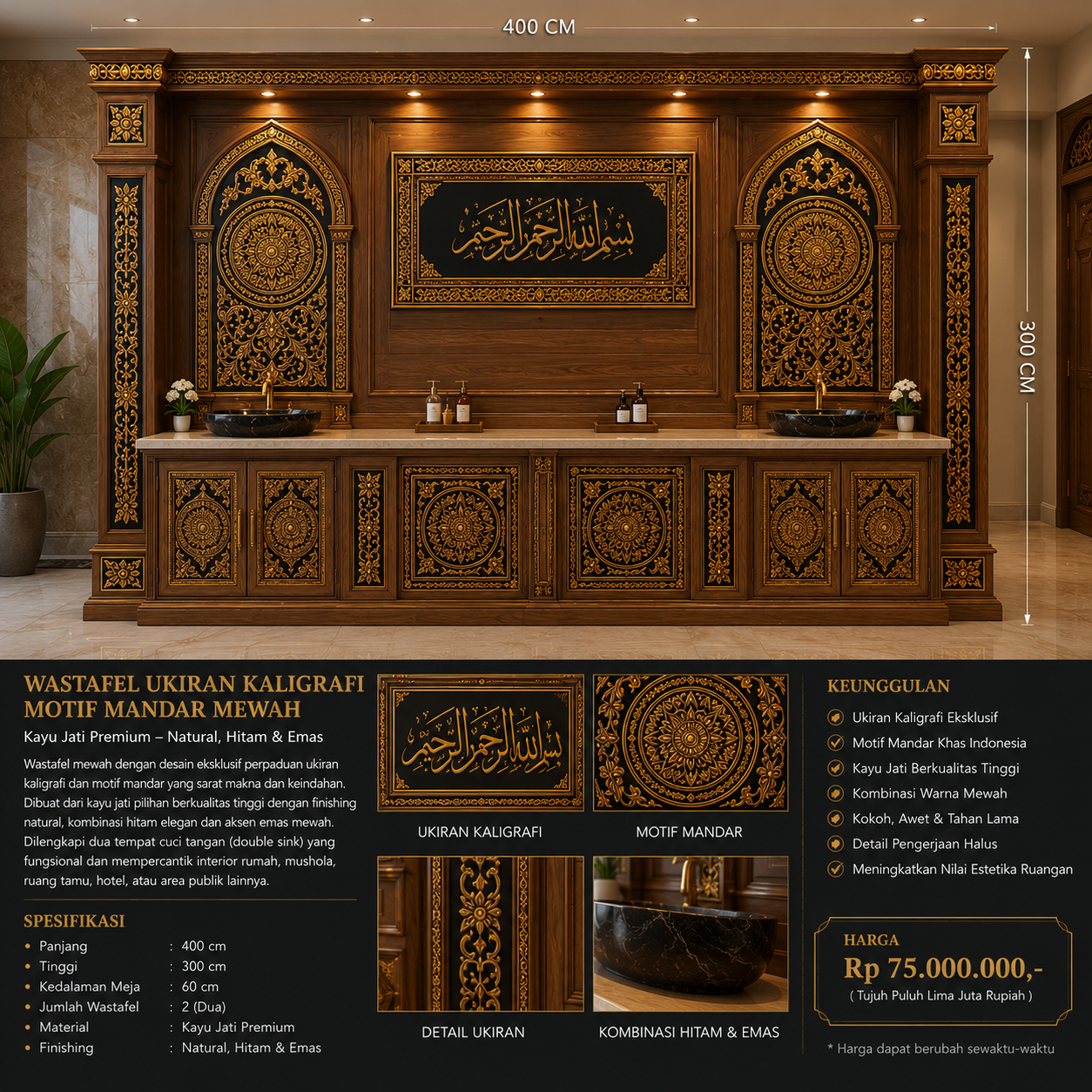 wastafel ukiran kaligrafi motif mandar mewah kayu jati premium wastafel ukiran kaligrafi motif mandar mewah kayu jati premium