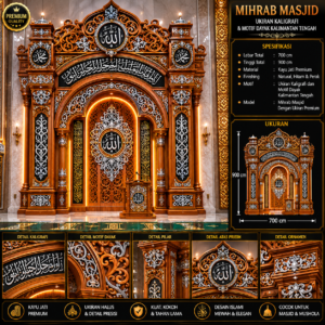 mihrab masjid ukiran kaligrafi & motif dayak kalimantan tengah desain mewah kayu jati premium kombinasi natural, hitam & perak