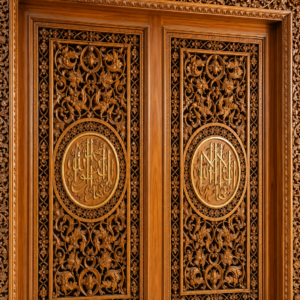 kaligrafi ukir kayu jati mewah motif floral islami – handmade jepara premium