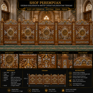 shof perempuan ukiran kaligrafi & motif dayak kalimantan tengah desain tembus pandang kayu jati premium kombinasi natural, emas & perak