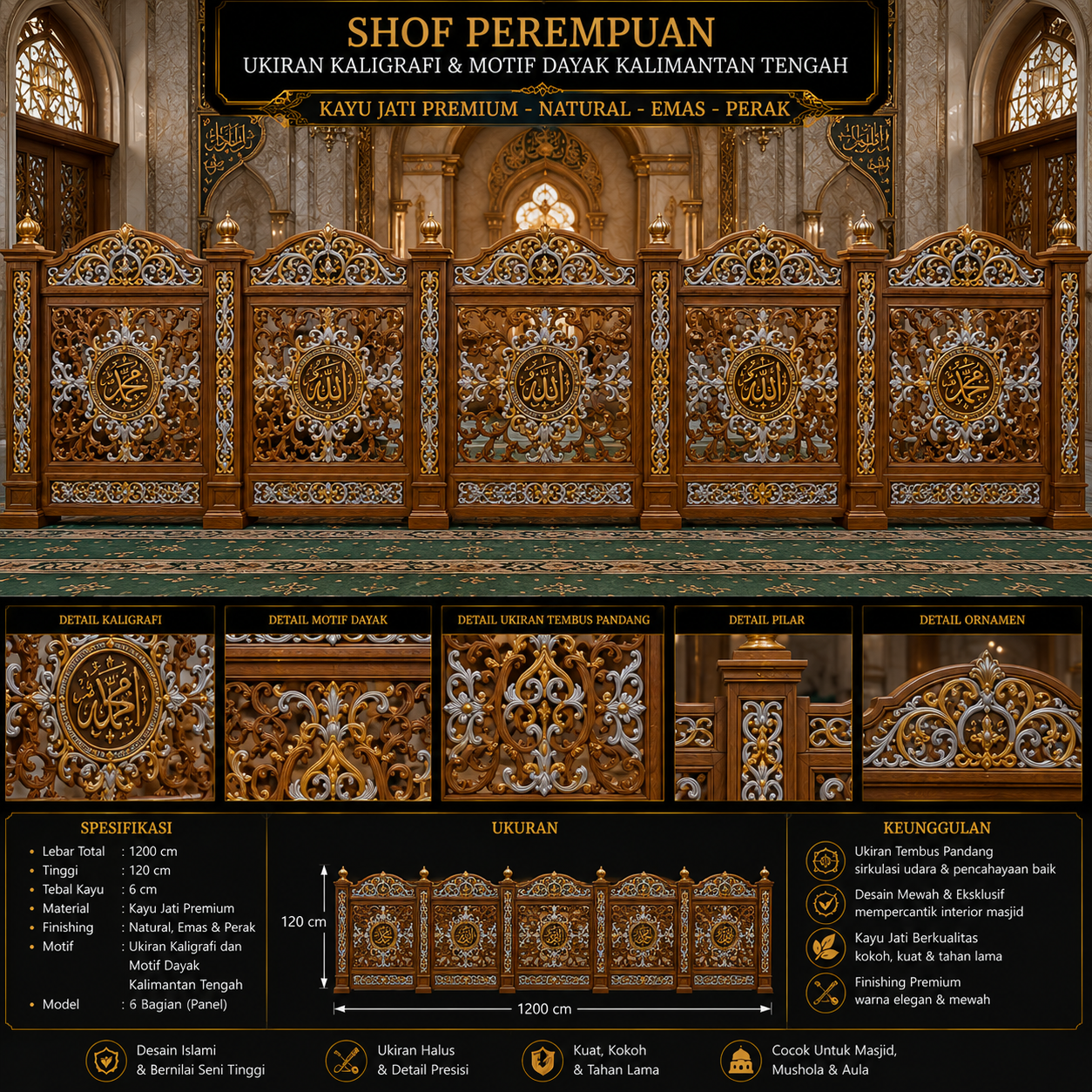 shof perempuan ukiran kaligrafi & motif dayak kalimantan tengah desain tembus pandang kayu jati premium kombinasi natural, emas & perak shof perempuan ukiran kaligrafi & motif dayak kalimantan tengah desain tembus pandang kayu jati premium kombinasi natural, emas & perak