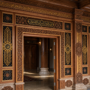 gebyok masjid ukiran kaligrafi mewah kayu jati natural kombinasi hitam & emas