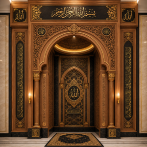 mihrab masjid ukiran kaligrafi mewah kayu jati natural kombinasi hitam & emas