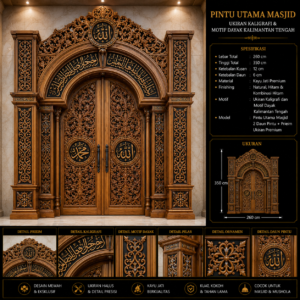 pintu utama masjid ukiran kaligrafi & motif dayak kalimantan tengah desain elegan kayu jati premium kombinasi natural & hitam