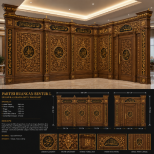 partisi ruangan bentuk l ukiran kaligrafi & motif majapahit kayu jati mewah