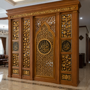partisi ruangan ukiran kaligrafi & motif bunga mewah kayu jati natural emas
