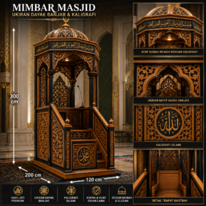 mimbar masjid kubah ukiran dayak banjar & kaligrafi islami kayu jati premium