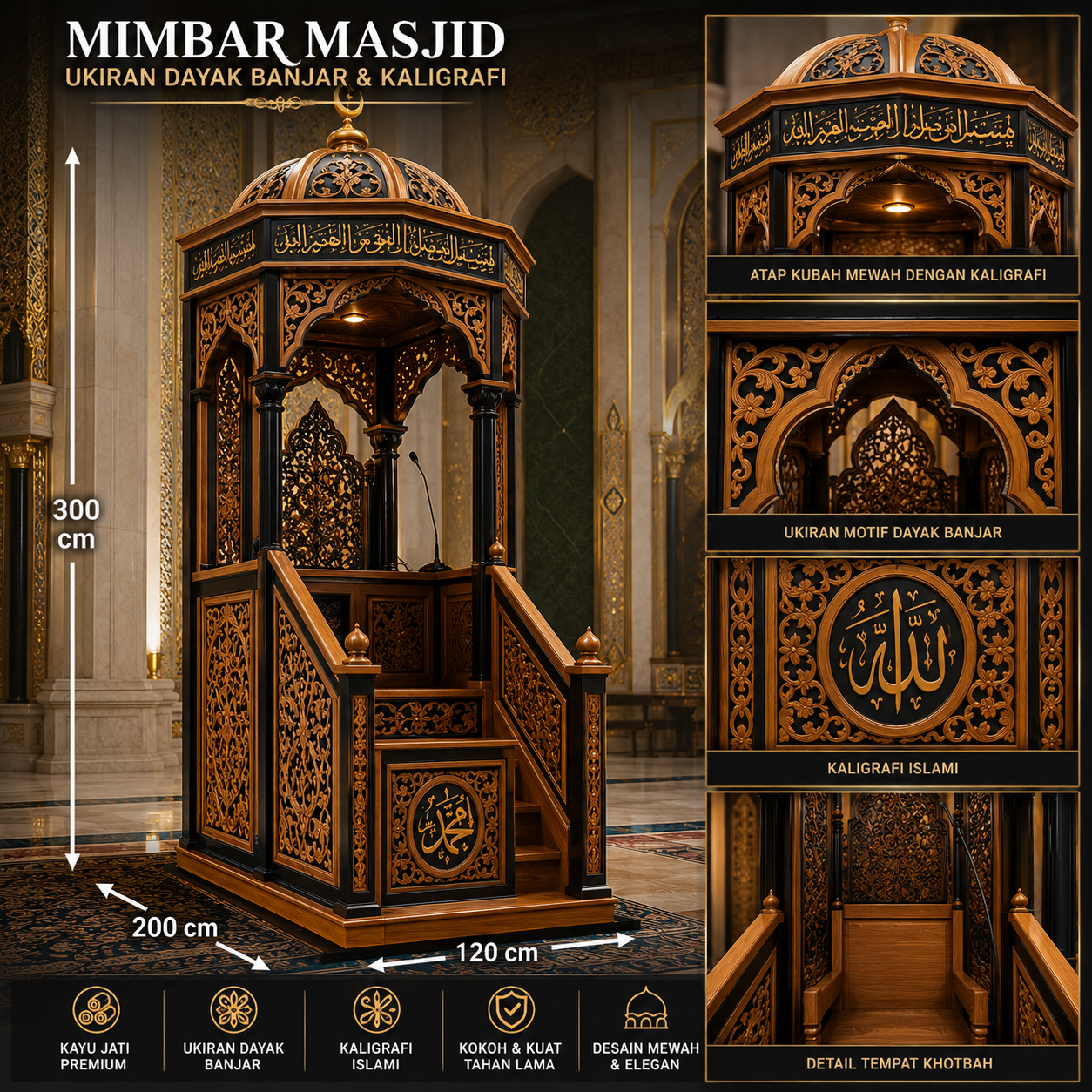 mimbar masjid kubah ukiran dayak banjar & kaligrafi islami kayu jati premium mimbar masjid kubah ukiran dayak banjar & kaligrafi islami kayu jati premium