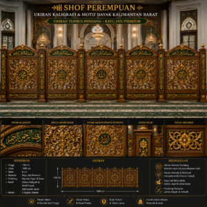 shof perempuan ukiran kaligrafi & motif dayak kalimantan barat desain tembus pandang kayu jati premium kombinasi natural, hijau & emas