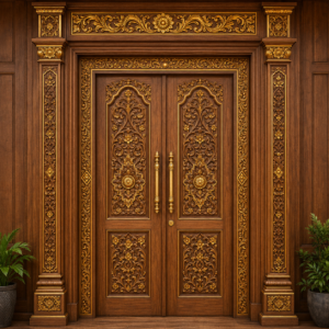 pintu gebyok ukiran mewah kayu jati natural kombinasi emas elegan