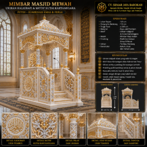 mimbar masjid mewah ukiran kaligrafi & motif kutai kartanegara putih emas perak