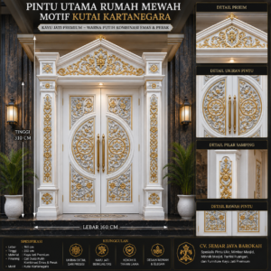 pintu utama rumah mewah motif kutai kartanegara warna putih kombinasi emas & perak