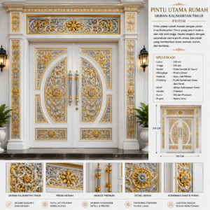 pintu utama rumah mewah ukiran kalimantan timur dengan prieim – putih elegan kombinasi emas dan perak
