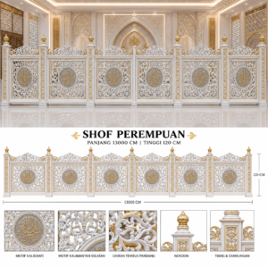 shof pembatas perempuan ukiran tembus pandang kaligrafi & motif kalimantan selatan – putih elegan kombinasi emas dan perak