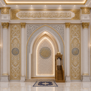 mihrab masjid mewah putih emas perak dengan ukiran kaligrafi dan motif khas kalimantan selatan