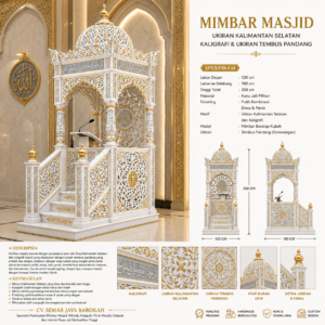 mimbar masjid mewah kubah ukir kalimantan selatan dengan kaligrafi tembus pandang warna putih emas perak