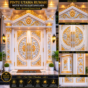 pintu utama rumah mewah motif kutai kartanegara warna putih kombinasi emas & perak