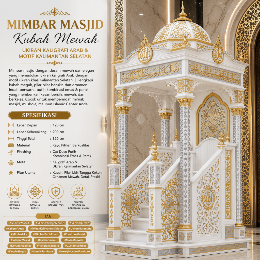 Mimbar Masjid Kubah Mewah yang dirancang secara eksklusif menggunakan perpaduan ukiran kaligrafi Arab 568df85a 1f35 40e4 9024 3774a42ff8c0
