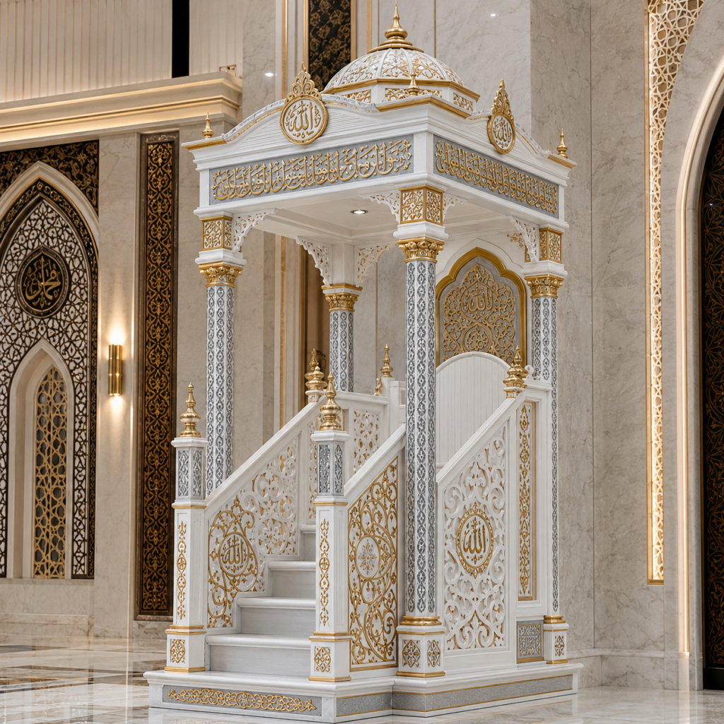 Mimbar Masjid Kubah Mewah Ukiran Kaligrafi Arab & Motif Kalimantan Selatan | Putih Kombinasi Emas & Perak | Ukuran 120 × 200 × 320 cm cc31808d b095 49a9 aee5 529d33bf894f