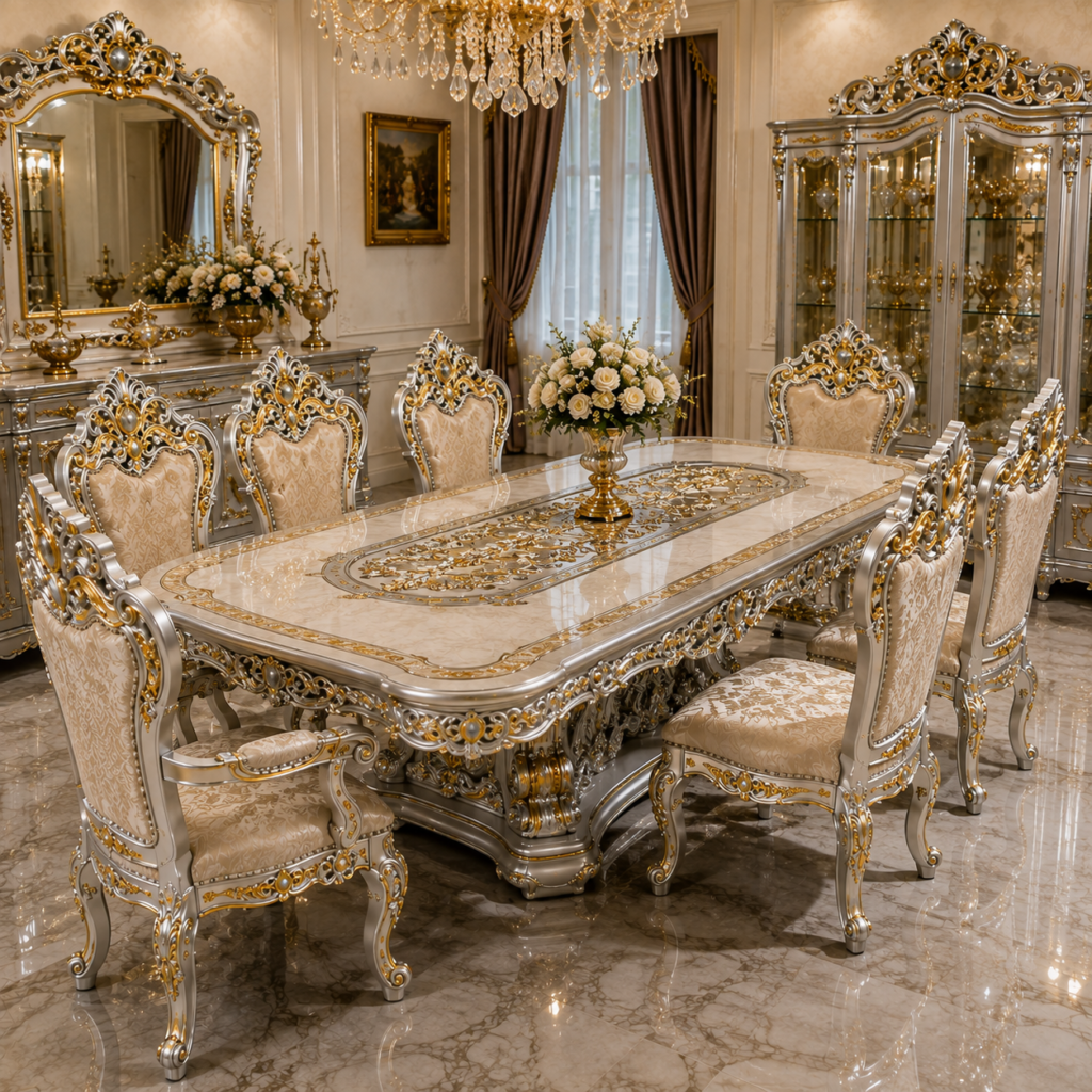 Luxury West Kalimantan Carved Dining Set – 8 Chairs | Silver & Gold Premium Teak Furniture 00c1d62c 07e7 4558 9286 d92680019333