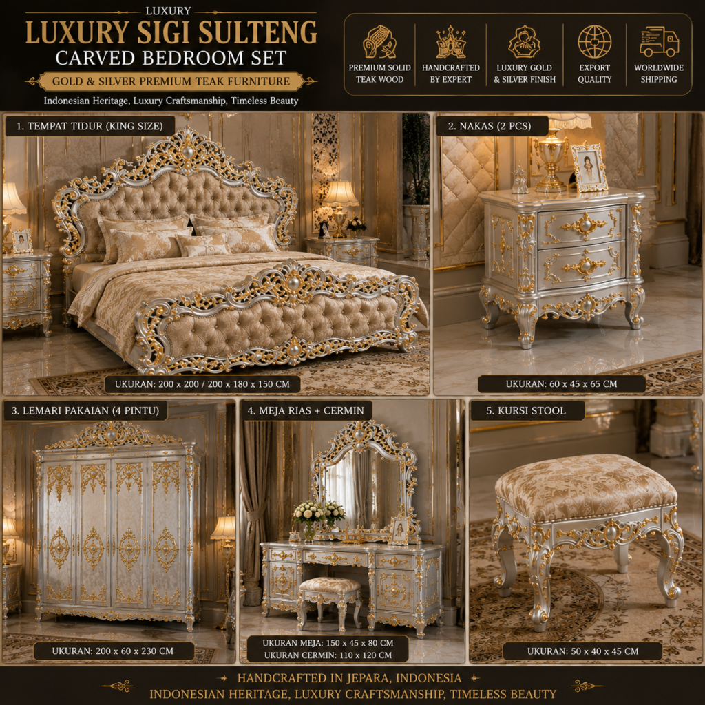 Luxury Sigi Sulteng Carved Bedroom Set – Gold & Silver Premium Teak Furniture 02875578 a660 41c7 86f1 5456183be1b3