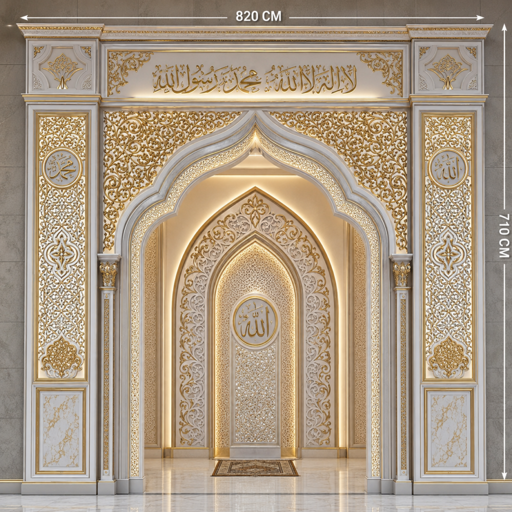 Luxury Mosque Mihrab with South Kalimantan Carving & Arabic Calligraphy – White, Gold & Silver 0352afe4 87c9 407f 9a7e 4740310beb7f
