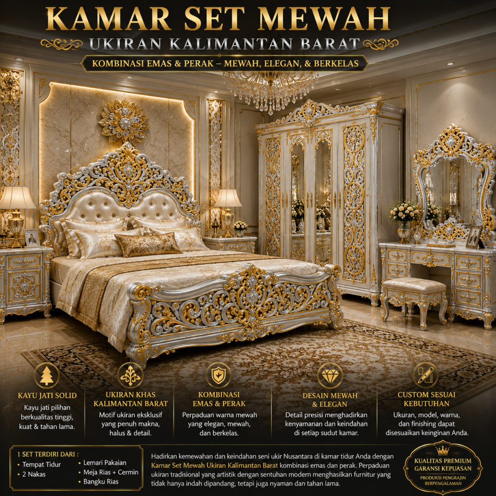Kamar Set Mewah Ukiran Kalimantan Barat | Kayu Jati Solid Kombinasi Warna Emas & Perak 0afb331a ed2d 4495 9ecd 8572bf8e72b0