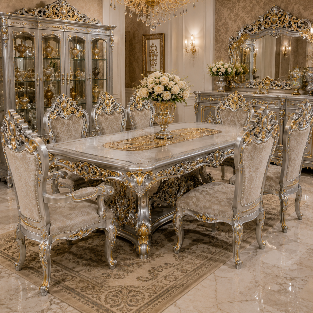 Luxury East Kalimantan Carved Dining Set – Silver & Gold Premium Teak Furniture 0ca65a69 c7b2 45d4 b2df 6e75bff3c2f5