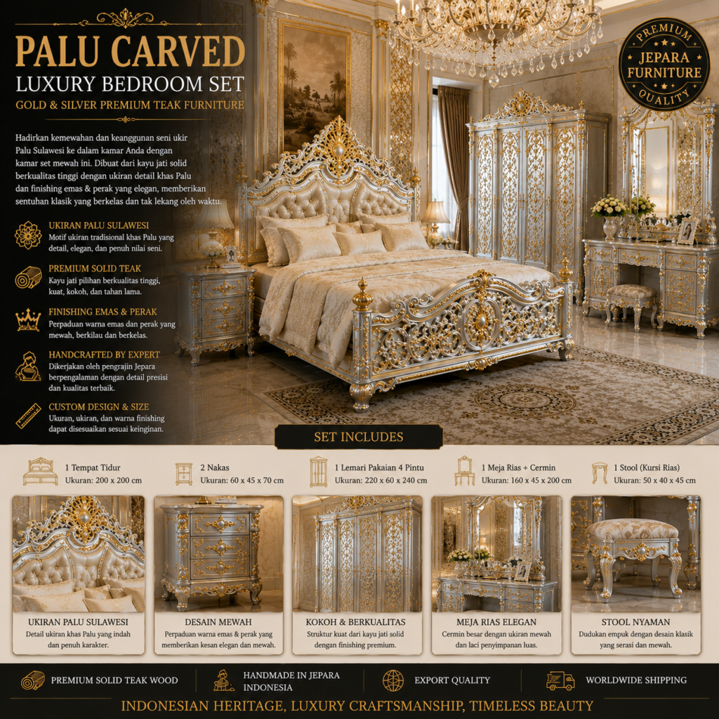 Palu Carved Luxury Bedroom Set – Gold & Silver Premium Solid Teak Furniture 322055a1 9848 48ba bd1c 74d4e772e05c