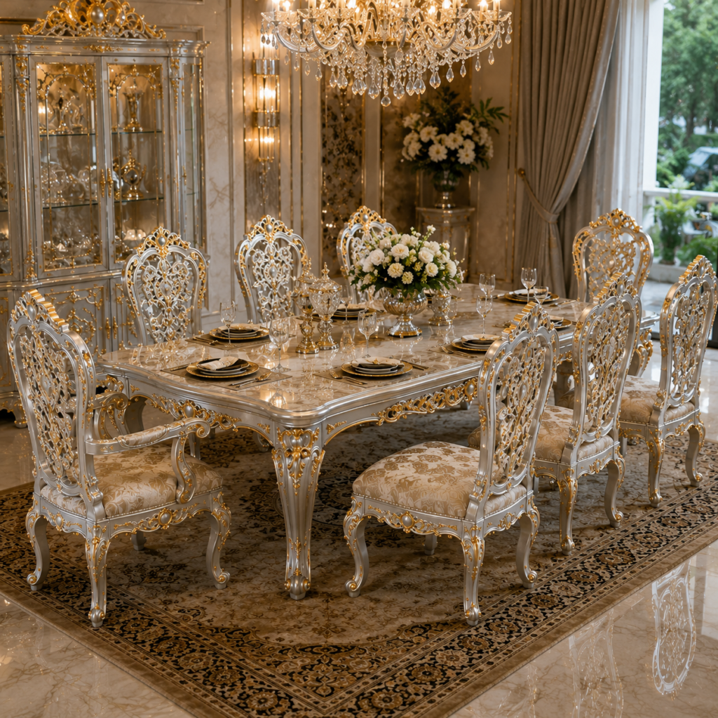 Luxury Palu Carved Dining Set 8 Chairs – Gold & Silver Premium Teak Furniture 4d952500 a43f 479b 9be0 38d4050dc148
