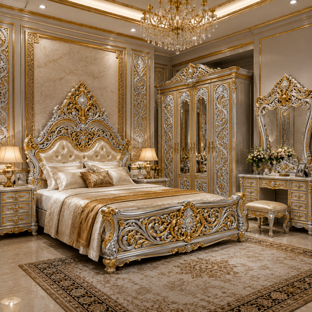 Kamar Set Mewah Ukiran Kalimantan Barat | Kayu Jati Solid Kombinasi Warna Emas & 5223812a ef61 4b3c 8191 1499efed5d57