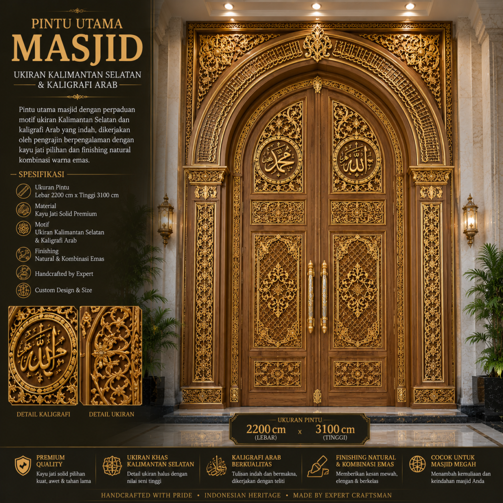 Pintu Utama Masjid Ukiran Kalimantan Selatan & Kaligrafi Arab – Jati Solid Premium 54f41642 168d 45bc 8ab9 1be44d4f2204